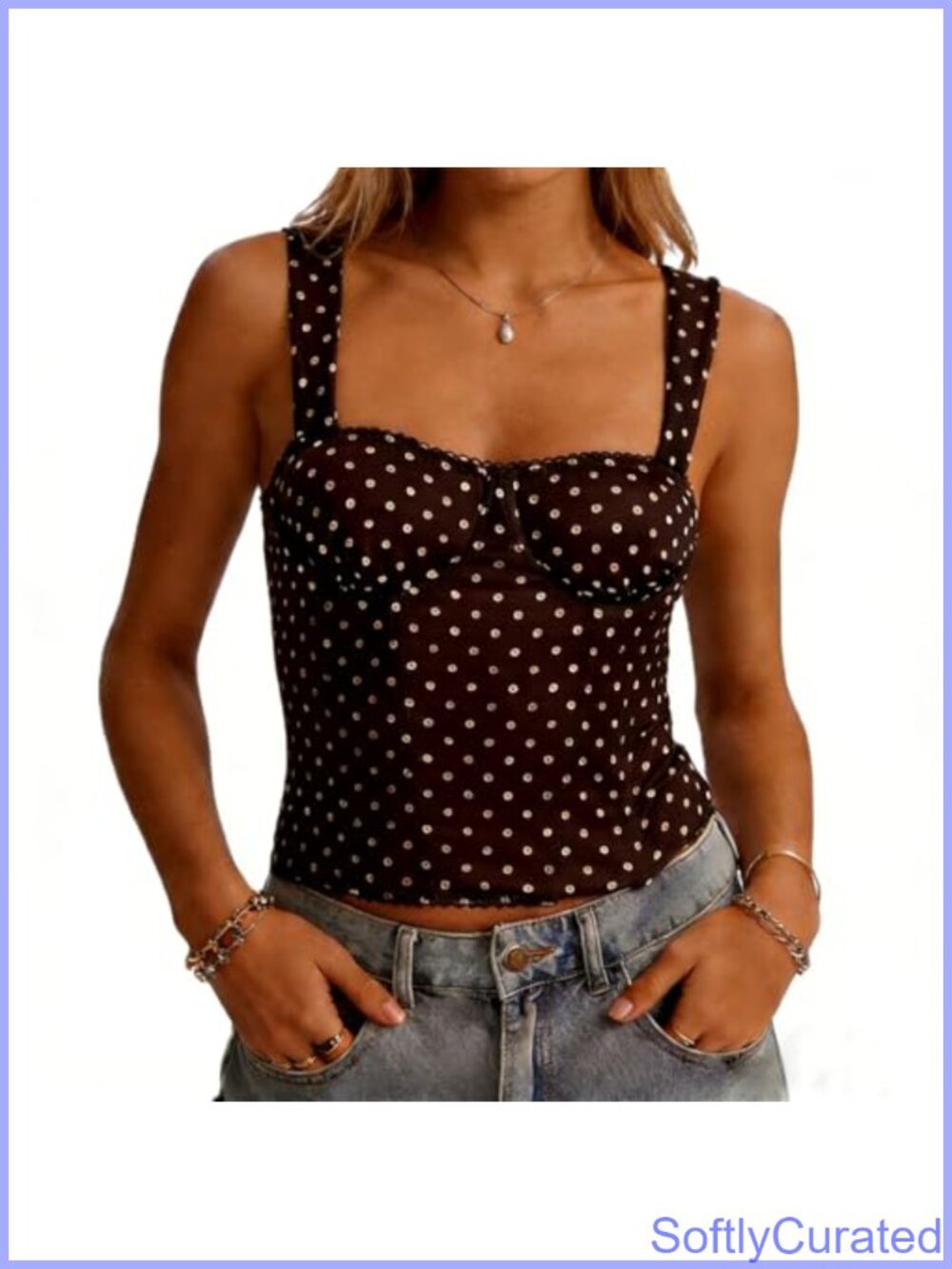 Women Back Hook Boned Corset Tank Top Square Neck Backless Polka Dot Y2K